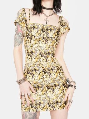Lioness 90s Brocade Yellow Floral Villa Mini Dress nwt